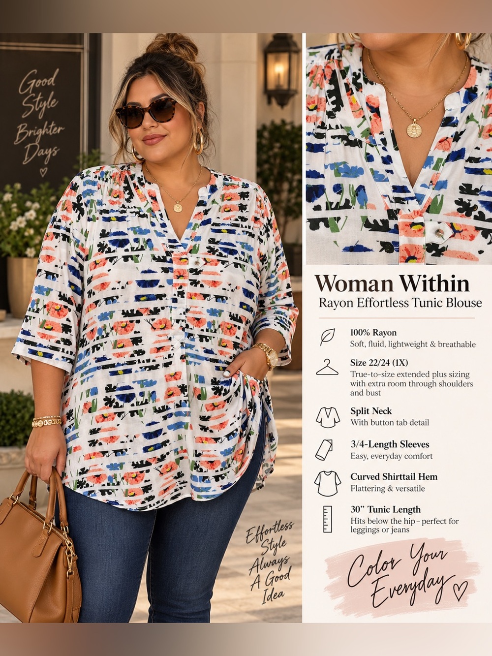WOMAN WITHIN Rayon Effortless Tunic Blouse EUC